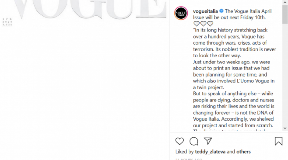 Vogue Italia с бяла корица в чест на медиците в пандемията