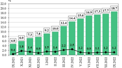 Рекордно висока годишна инфлация от близо 19% отчете за септември НСИ