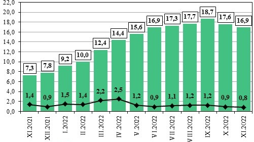 Годишната инфлация до ноември достигна 16,9%