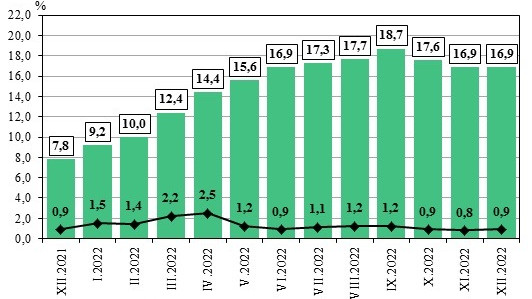 Годишна инфлация от близо 17%  до декември 2022 г. отчете НСИ