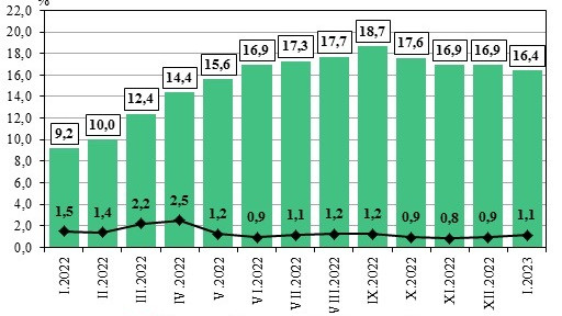 Месечната инфлация за януари е 1,1%, а годишната е 16,4%