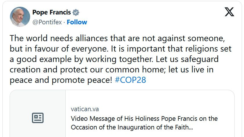 Папа Франциск към COP28: Светът се нуждае не от съюзи срещу някого, а в полза на всички