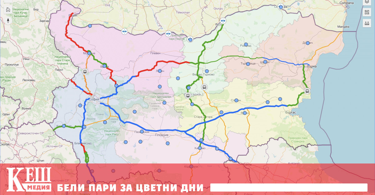 В картата се съдържа информация за обекти от пътната и
