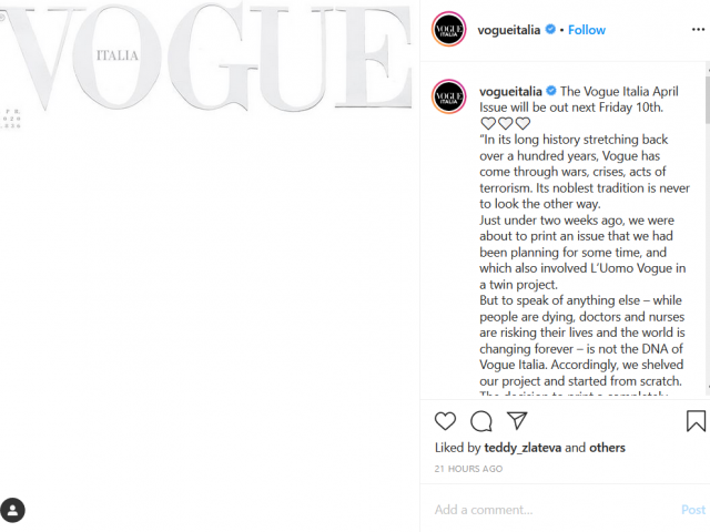 Vogue Italia с бяла корица в чест на медиците в пандемията