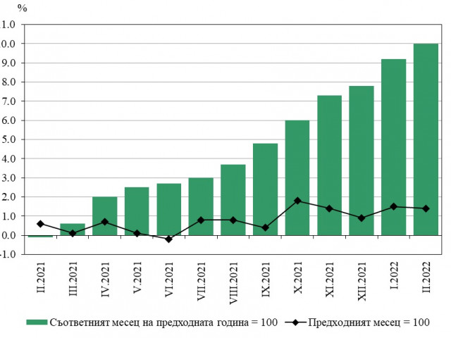 Годишната инфлация за февруари е 10% по данни на НСИ