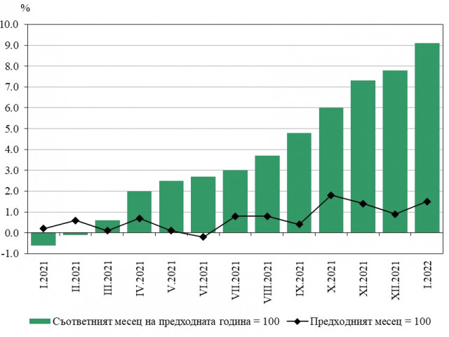 Годишната инфлация за януари е над 9 % по данни на НСИ